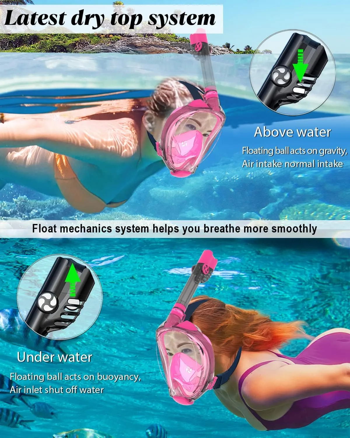 W WSTOO Full Face Snorkel Mask,Suitable for Beginners Dry Top Snorkeling Gear,Can Your Mouth or Nose to Breathe,180 Degrees Panoramic View,Anti-Fog Anti-Leak,Summer Travel and Vacationing Best Gifts