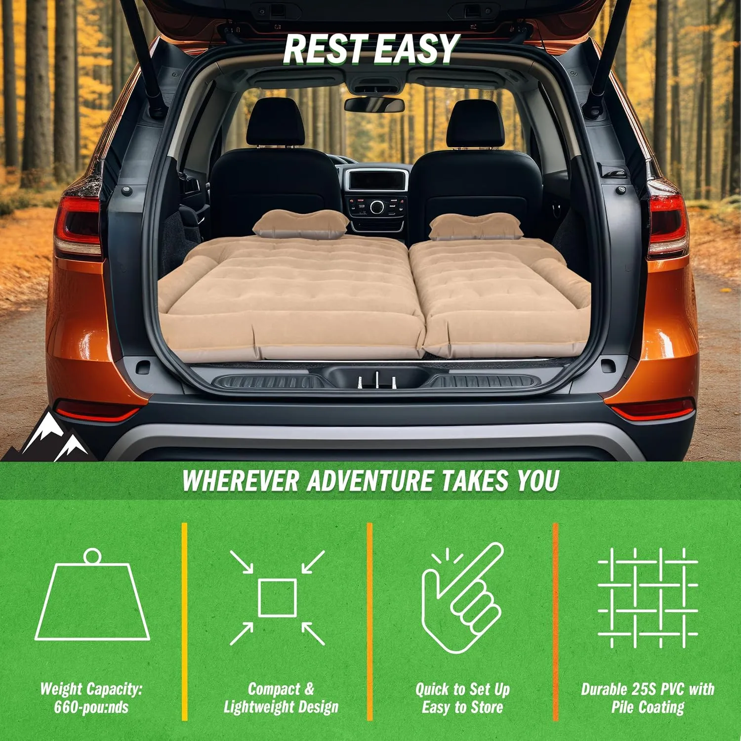 Wakeman Inflatable Mattress - Car Air Mattress for SUV or Tent with Aux Outlet Pump and 2 Inflatable Pillows - Car Camping Gear Outdoors (Beige)
