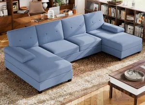 Walsunny Sectional Couches for Living Room, Convertible U-Shaped Sofa Couch with Double Chaise, 4 Seat Sofa Set Modular Sectional Sofa for Living Room, Apartment, Bedroom, Blue
