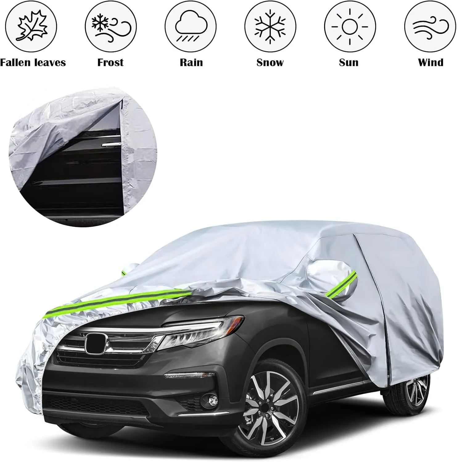 Waterproof Car Covers Replace for 2002-2025 Honda Pilot, 6 Layers All Weather Custom-fit Car Cover with Zipper Door & Windproof Bands for Snow Rain Dust Hail Protection