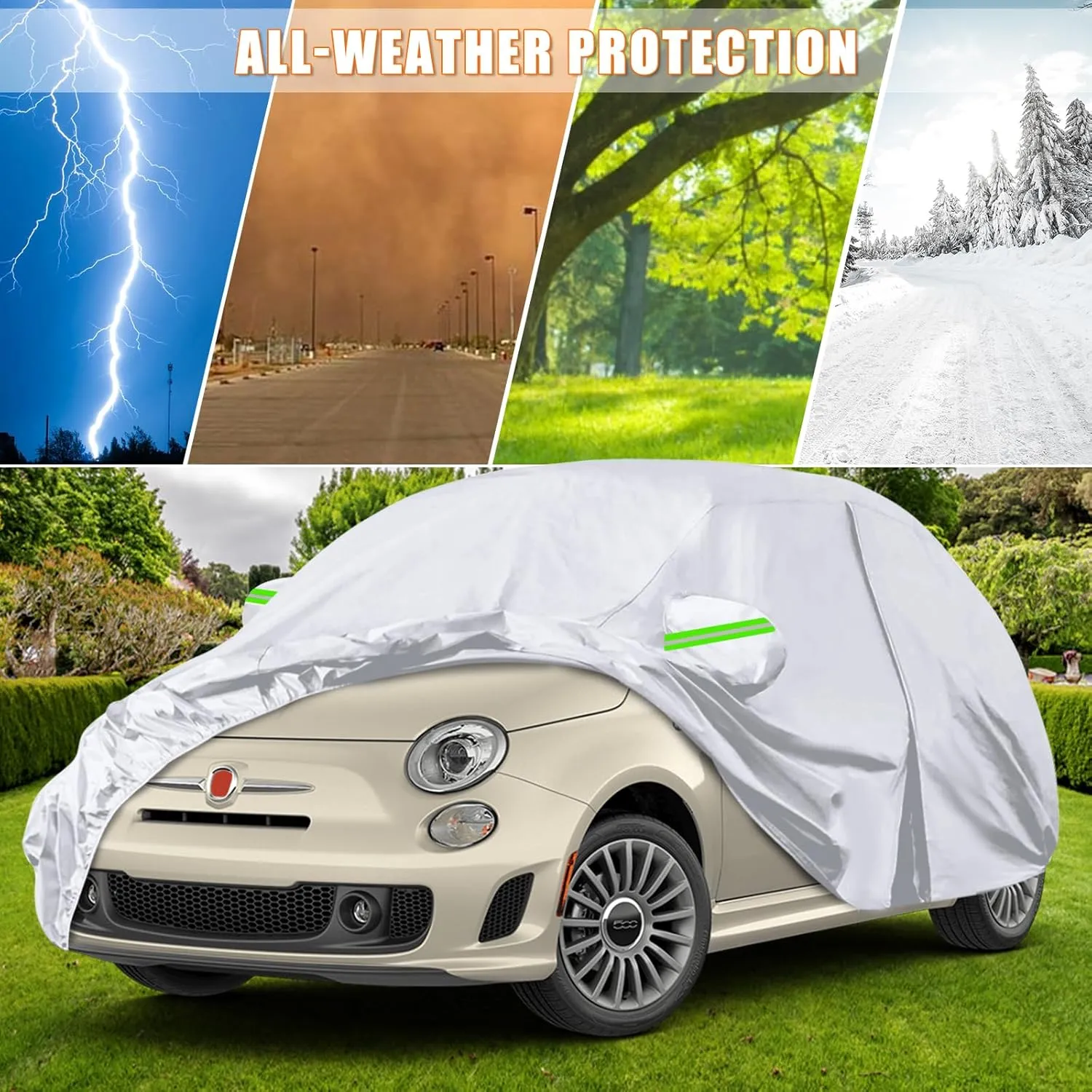 Waterproof Car Covers Replace for 2007-2024 Fiat 500/500C, 6 Layers Silver All Weather Car Cover with Zipper Door & Windproof Bands for Snow Rain Dust Protection