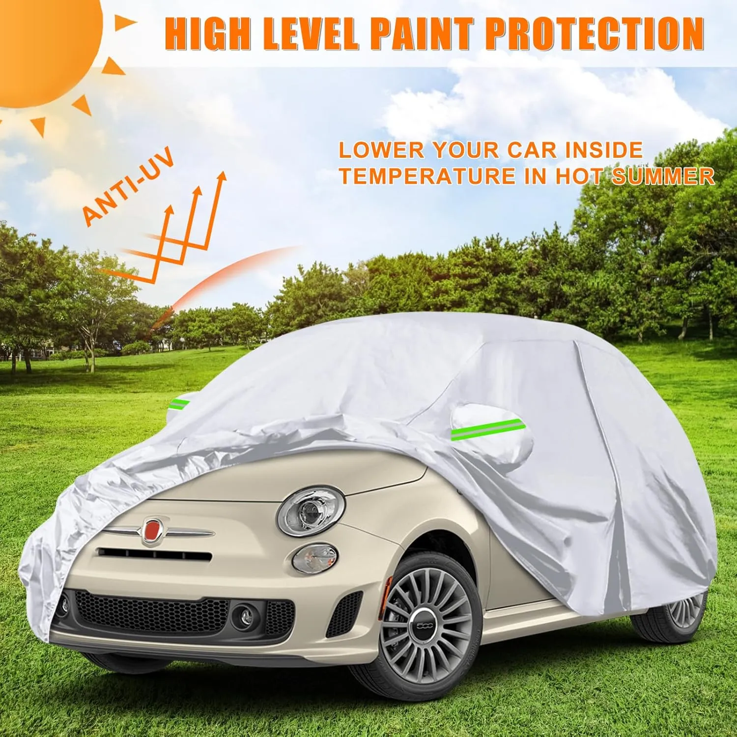 Waterproof Car Covers Replace for 2007-2024 Fiat 500/500C, 6 Layers Silver All Weather Car Cover with Zipper Door & Windproof Bands for Snow Rain Dust Protection