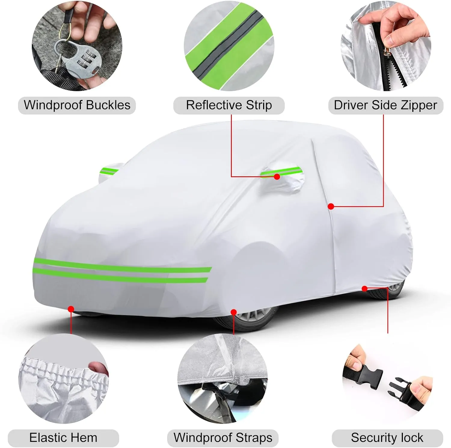 Waterproof Car Covers Replace for 2007-2024 Fiat 500/500C, 6 Layers Silver All Weather Car Cover with Zipper Door & Windproof Bands for Snow Rain Dust Protection