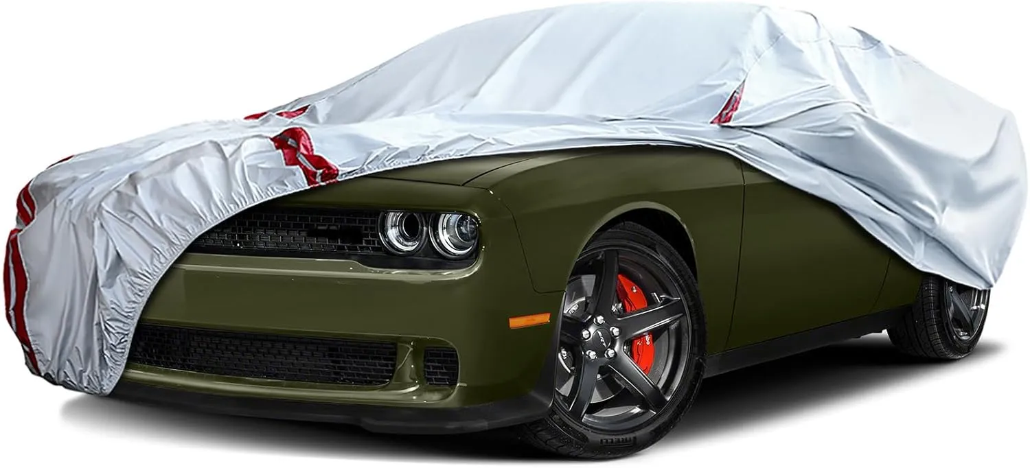 Waterproof Car Covers Replace for 2008-2025 Dodge Challenger, 6 Layers All Weather Custom-fit Car Cover with Zipper Door & Windproof Bands for Snow Rain Dust Hail Protection