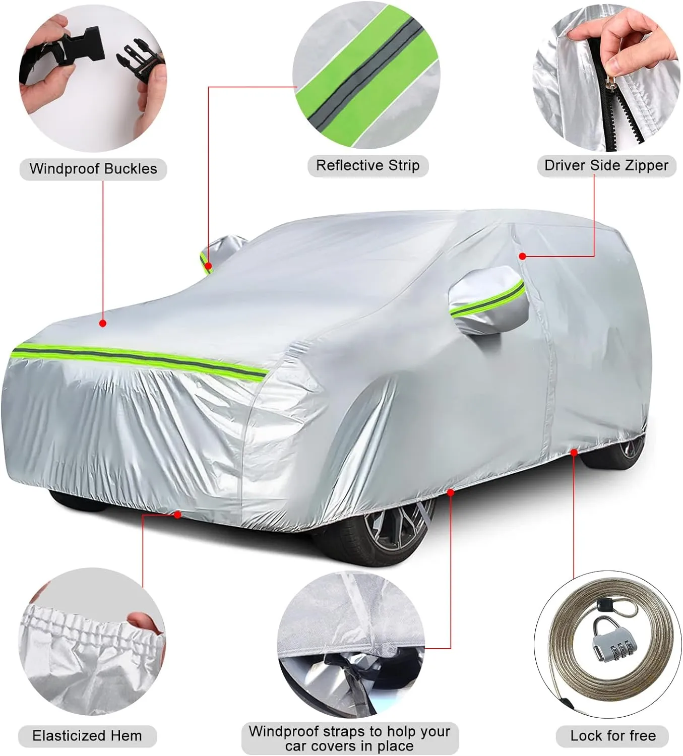 Waterproof Car Covers Replace for 2019-2025 Subaru Ascent, 6 Layers Silver All Weather Car Cover with Zipper Door & Windproof Bands for Snow Rain Dust Hail Protection
