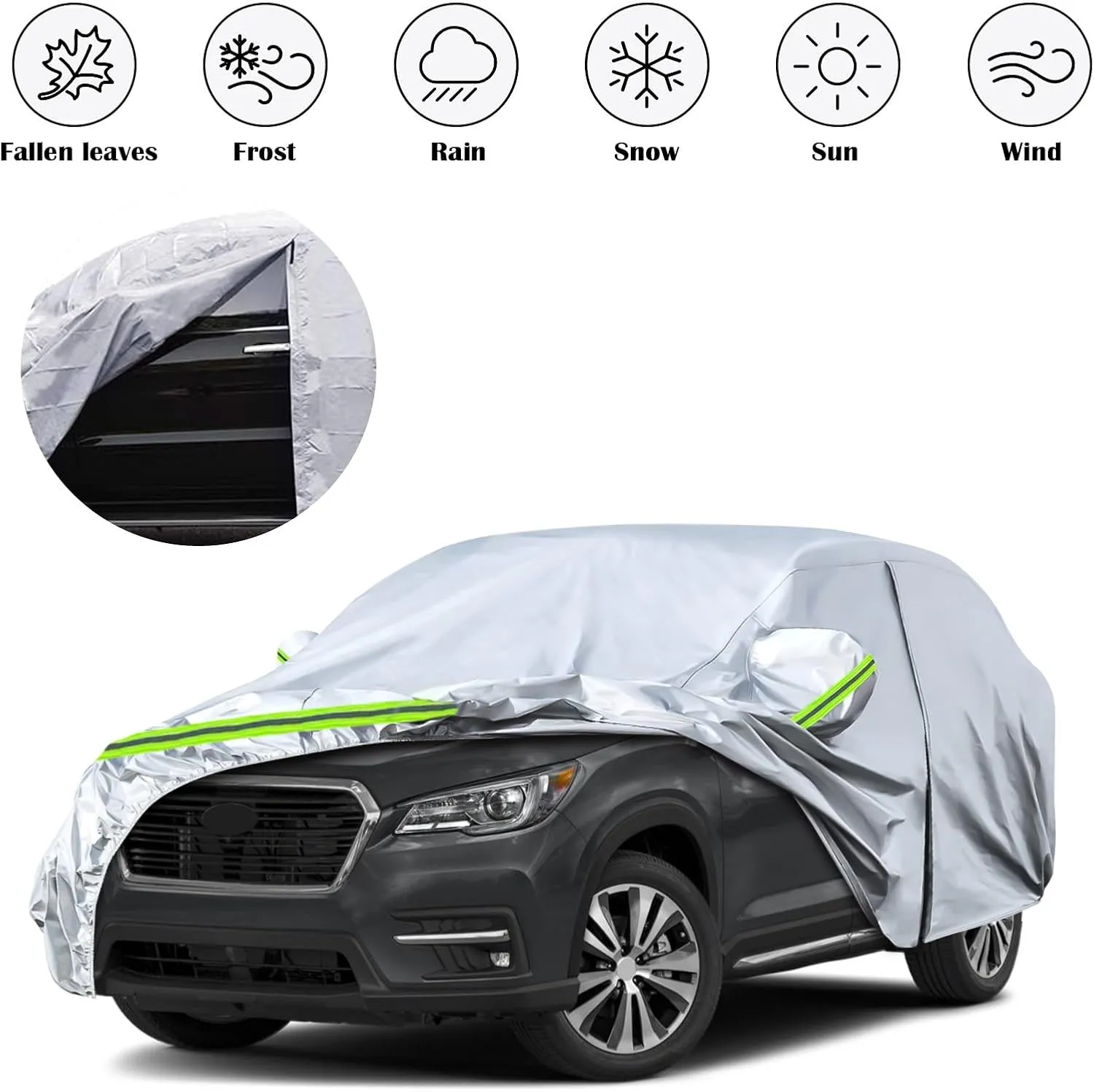 Waterproof Car Covers Replace for 2019-2025 Subaru Ascent, 6 Layers Silver All Weather Car Cover with Zipper Door & Windproof Bands for Snow Rain Dust Hail Protection