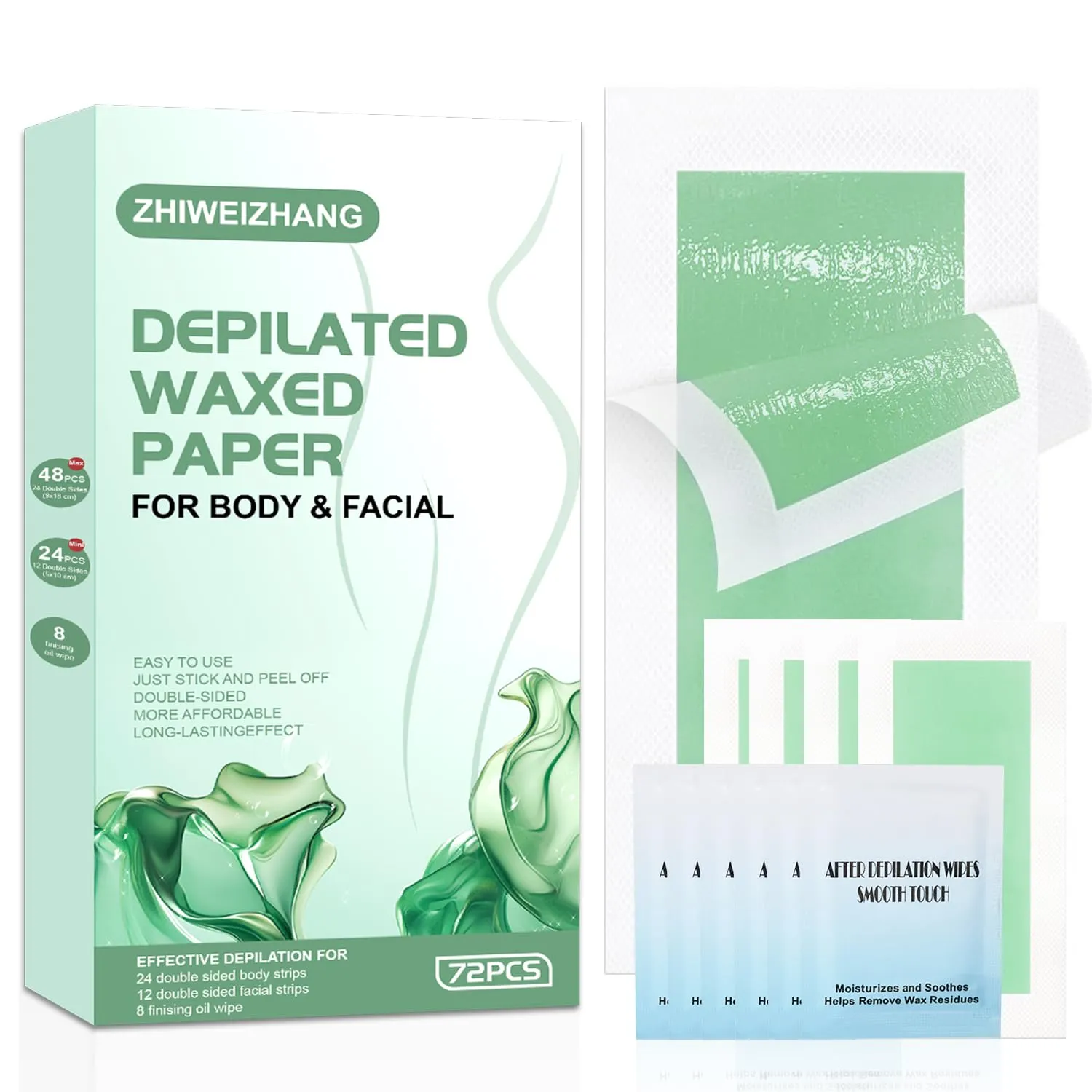 Wax Strips for Hair Removal for Women & Men - 72 Count At-Home Waxing Kit (48 Body   24 Face) with 8 Soothing Wipes | No Heat Needed for Bikini, Brazilian, Face, Legs | Painless & Beginner Friendly