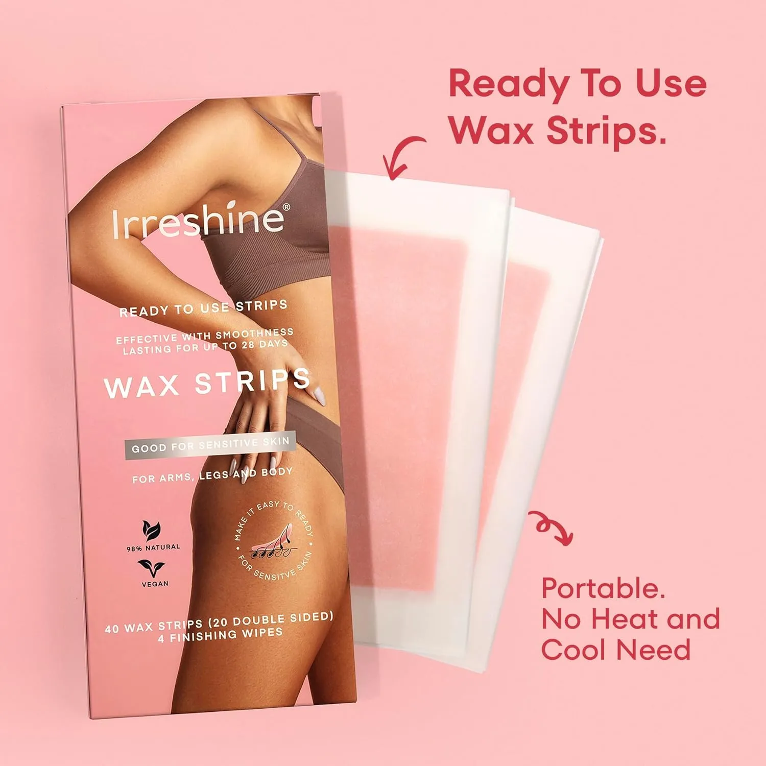 Wax Strips Hair Removal for Women: Natural Home & Travel Brazilian Body Waxing Strip for Bikini Armpit Leg - Vegan & Sensitive Skin Friendly, 40 Ct With Wipes
