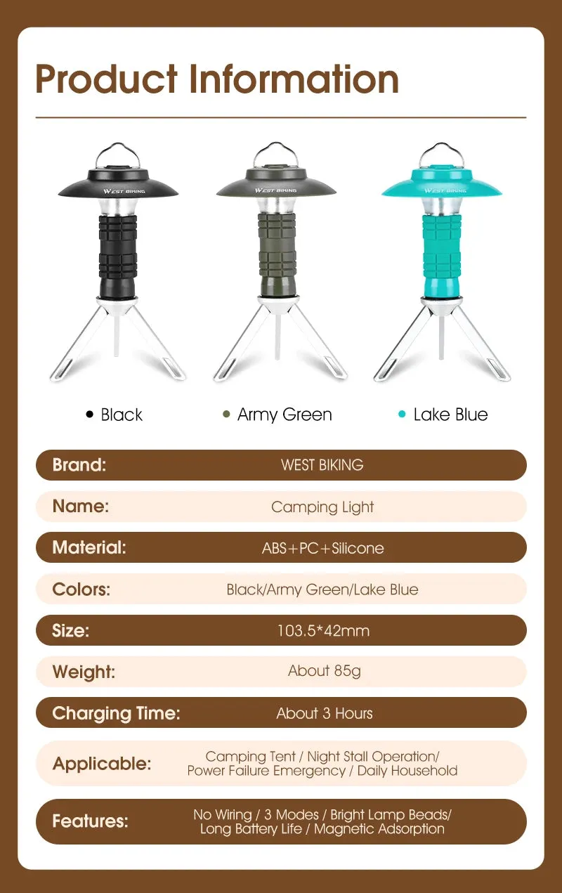 WEST BIKING Portable Camping Light 3 In