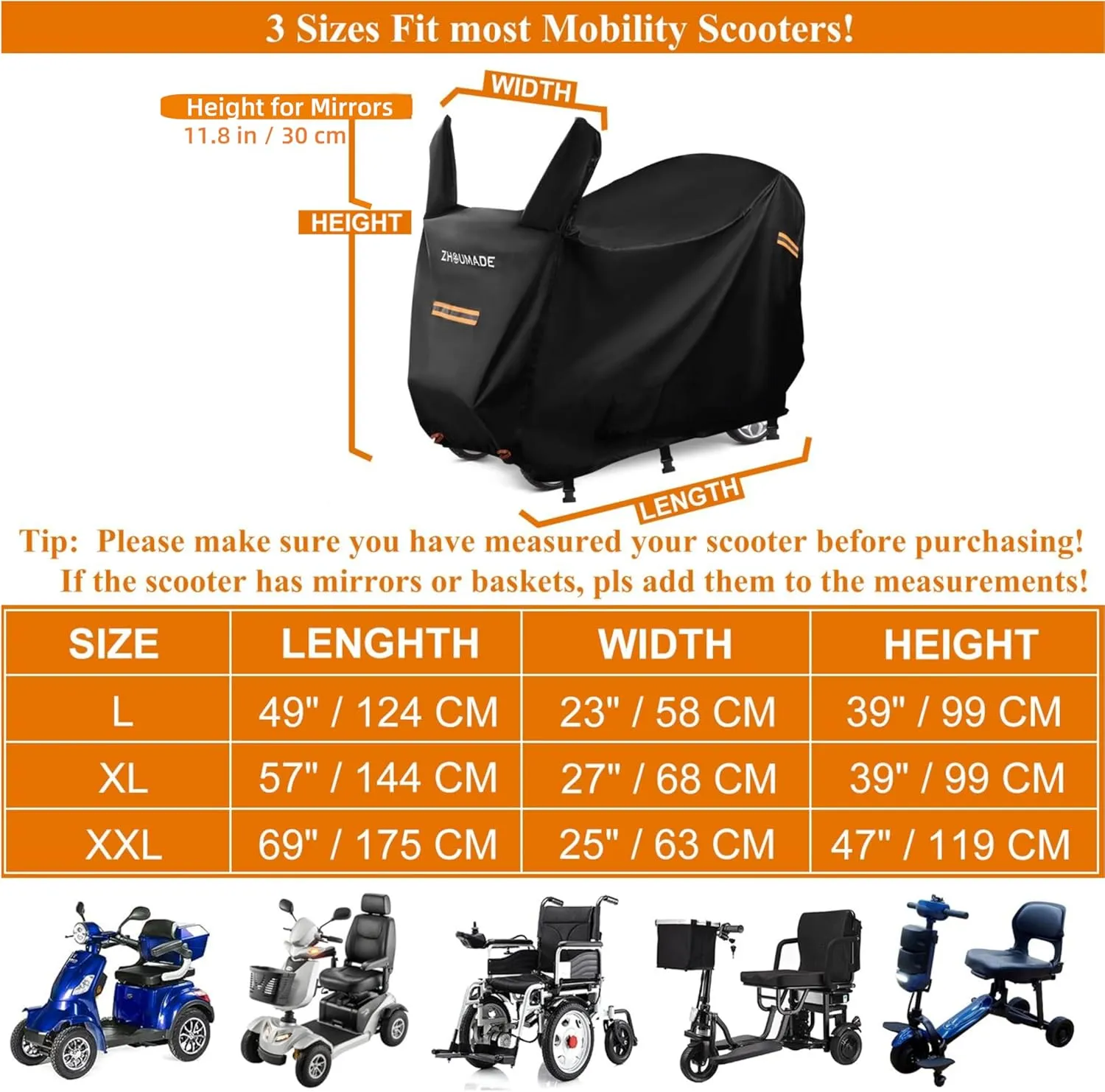 Wheelchair & Mobility Scooter Covers Rain Cover Electric Scooter Cover Waterproof Outdoor Elderly Gogo Scooter Accessories Blankets to Cover a Motorized Scooter for Travel (XXL:69"*25"*47")
