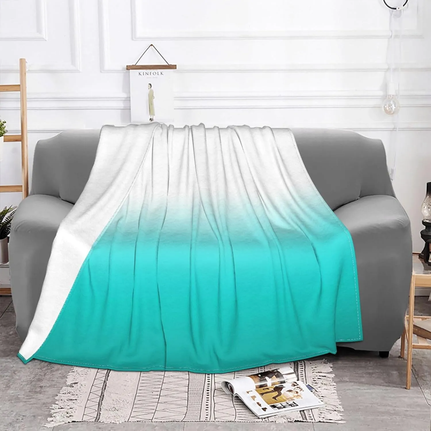 White Dark Turquoise and Teal Color Block Ombre 60"X50" Flannel Blanket - 100% Soft Polyester, Lightweight and Warm, Suitable for Families, Camping, Travel