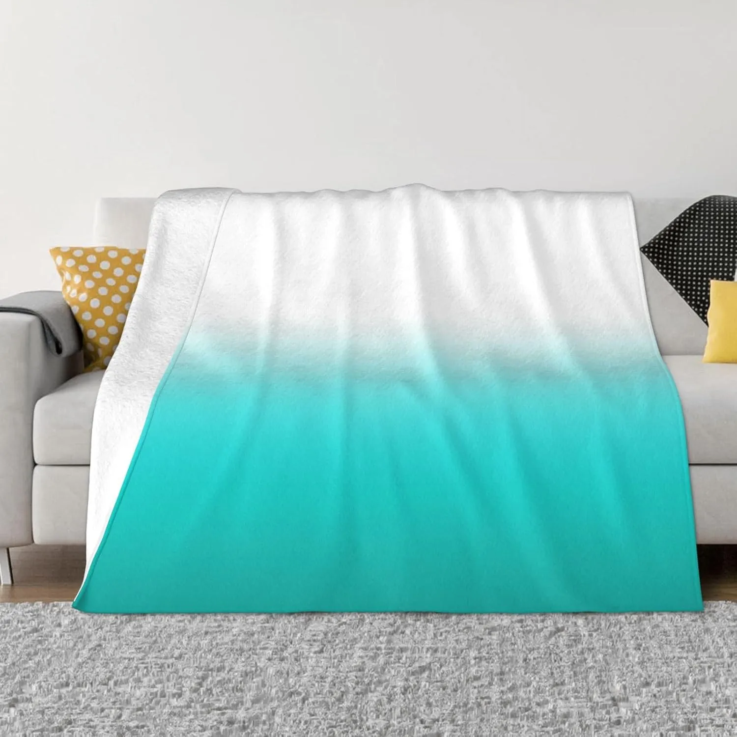 White Dark Turquoise and Teal Color Block Ombre 60"X50" Flannel Blanket - 100% Soft Polyester, Lightweight and Warm, Suitable for Families, Camping, Travel