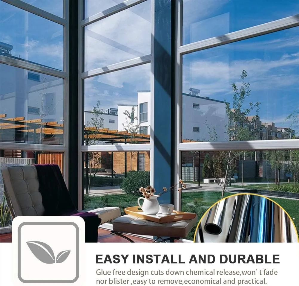 Window Privacy Film One Way Daytime Mirror Tint Treatments UV Heat Control Vinyl Stickers Sun Block Glass Paper Door Covering Reflective 23.6 Inch x 6.5 Feet Black Silver