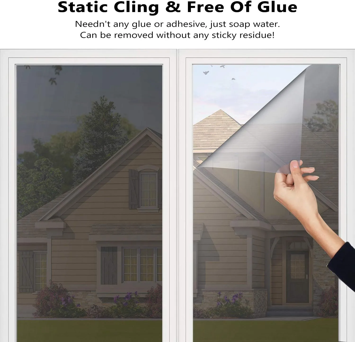 Window Tint for Home One Way Daytime Privacy Window Film Heat Control Sun Blocking Anti UV Non-Adhesive Static Cling Reflective Mirror Glass Film for Home Office, Black Silver, 23.6 Inch x 13.1 Feet
