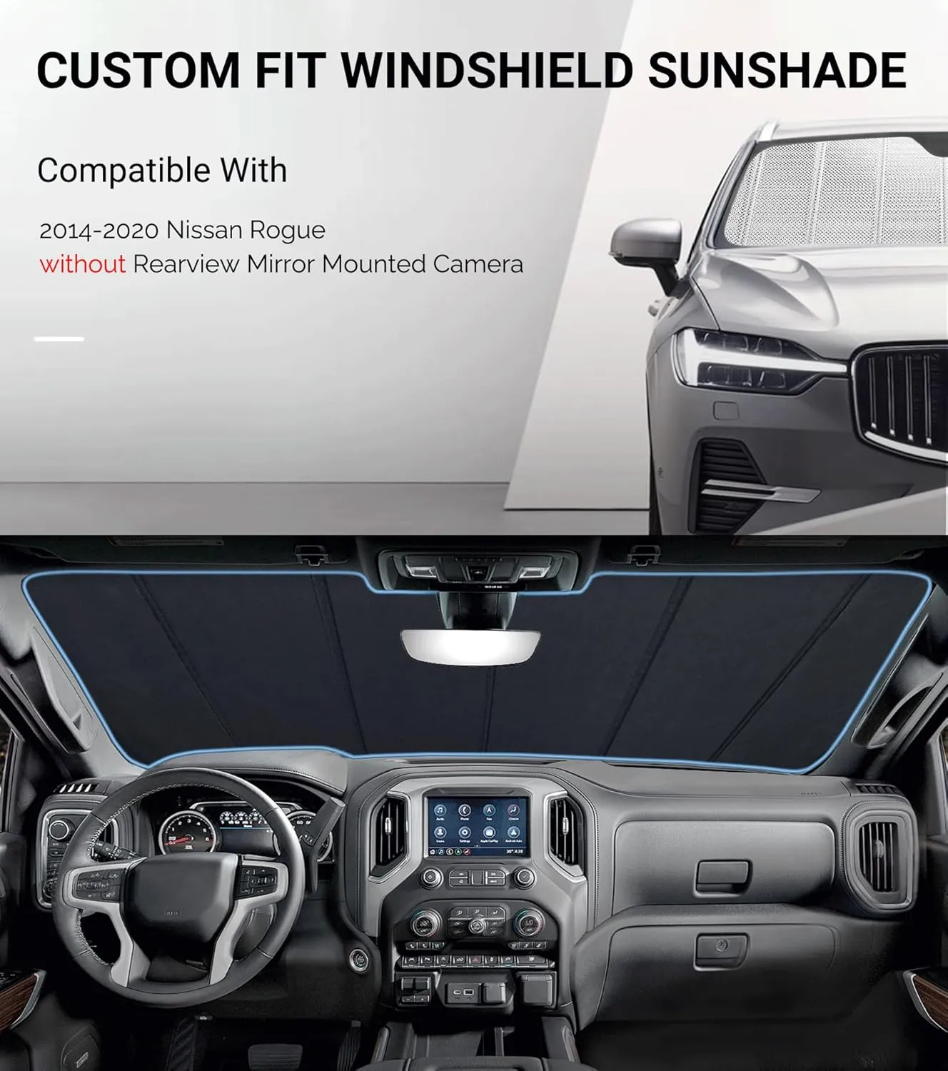 Windshield Sun Shade for 2014-2020 Nissan Rogue Without Rearview Mirror Mounted Camera. Front Window Sunshade with Storage Bag
