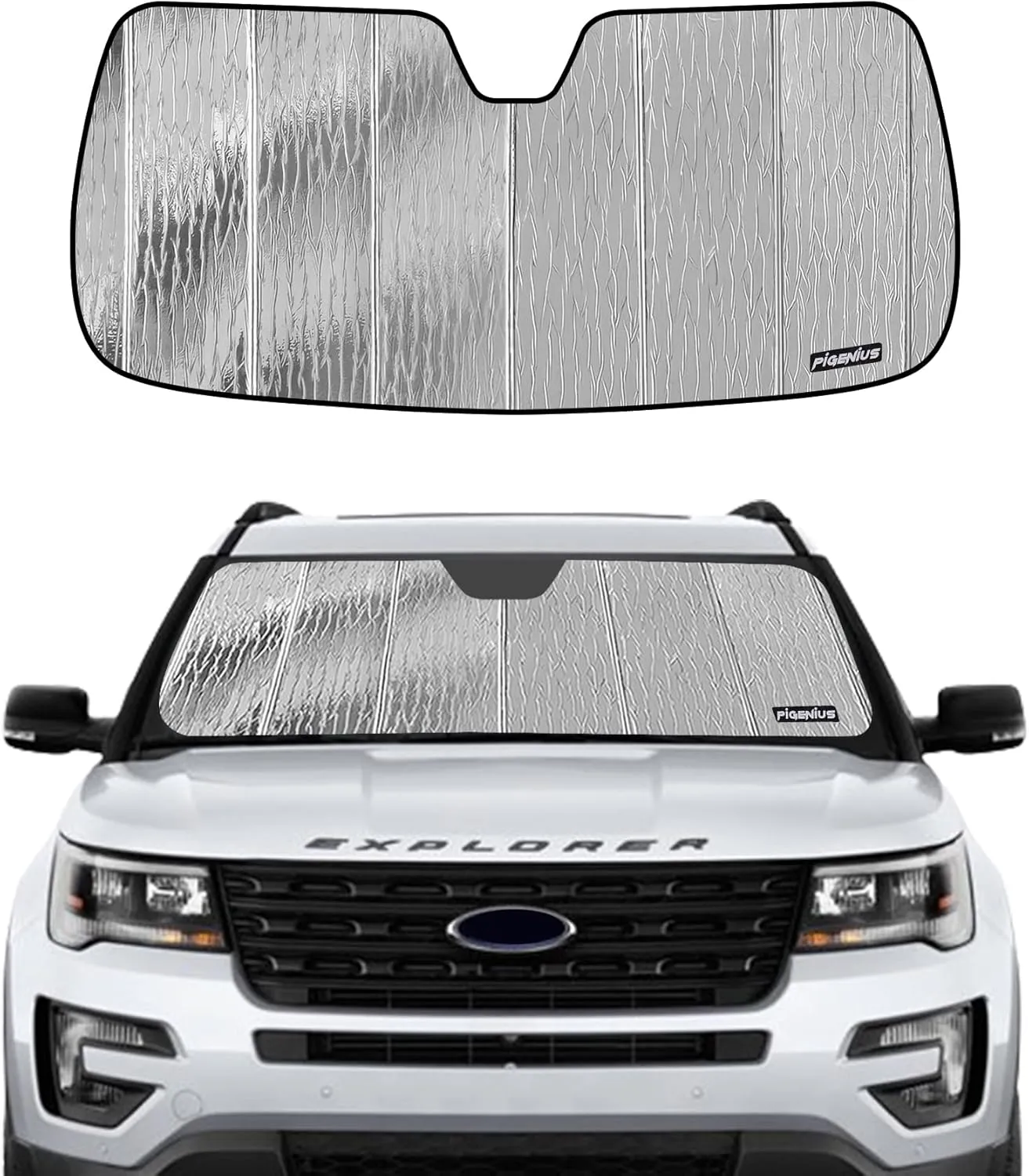 Windshield Sun Shade for Ford Explorer 2016-2019,Front Window Sunshade Shield,2-in-1 Reflective Sun Shade,Silver for Summer, Black for Winter