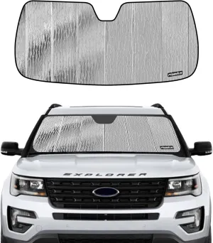 Windshield Sun Shade for Ford Explorer 2016-2019,Front Window Sunshade Shield,2-in-1 Reflective Sun Shade,Silver for Summer, Black for Winter