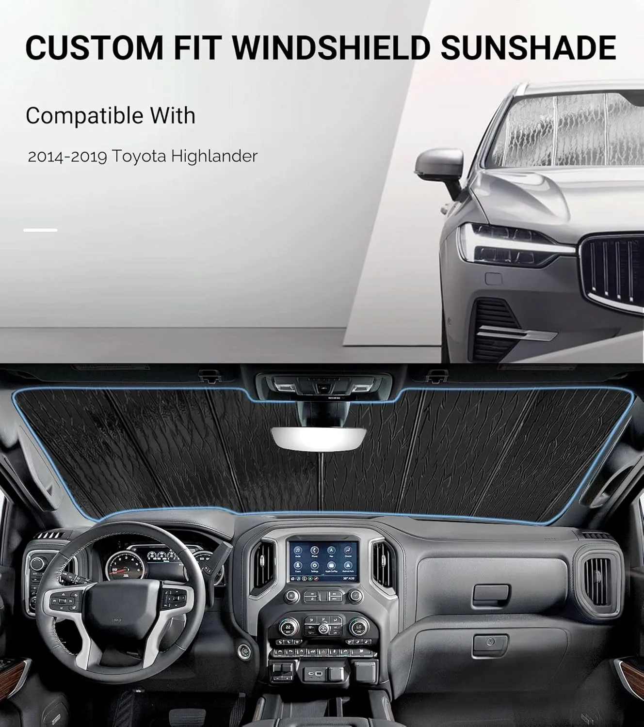 Windshield Sun Shade for Toyota Highlander 2014-2019,Front Window Sunshade Shield,2-in-1 Reflective Sun Shade,Silver for Summer, Black for Winter