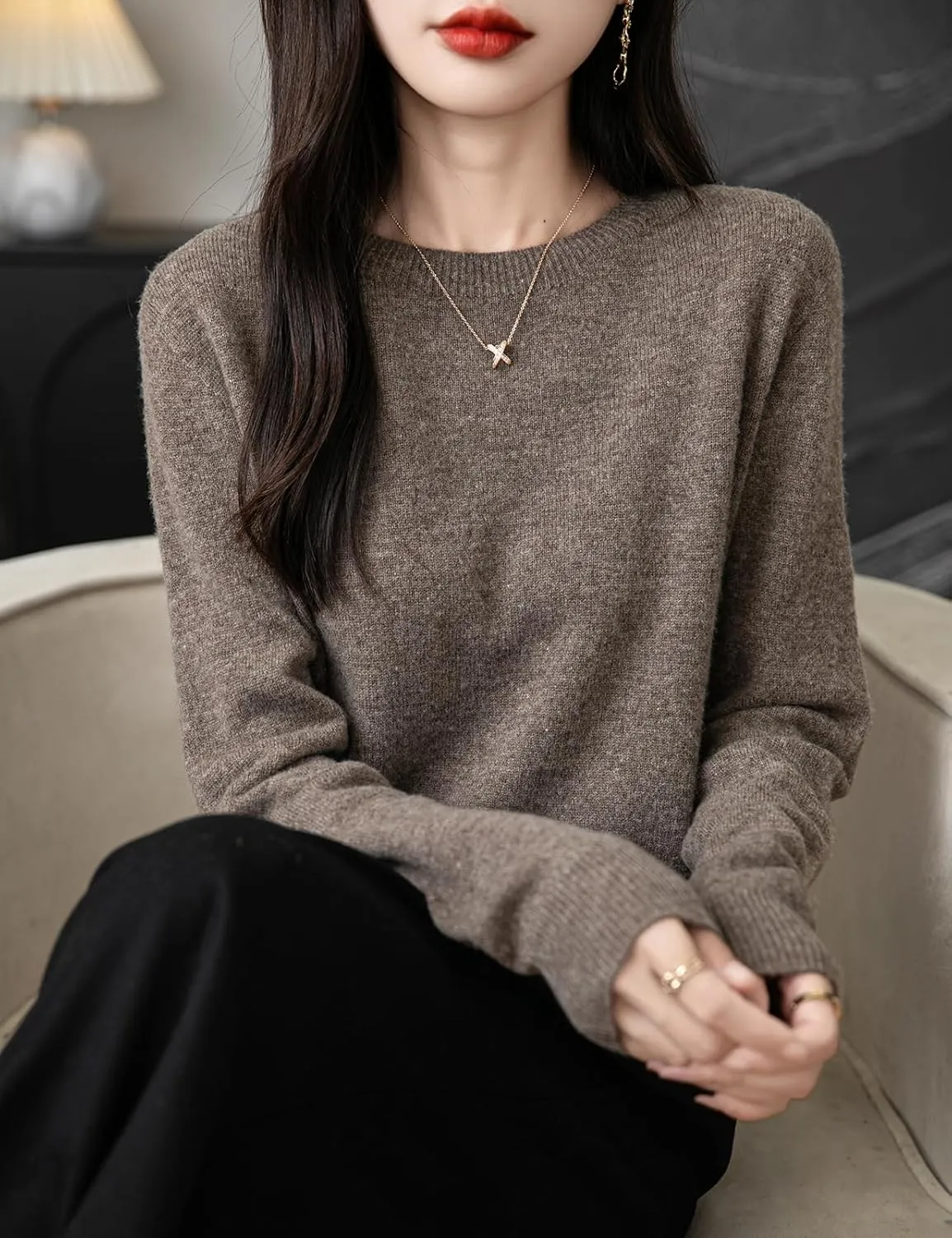 Women's 100% Merino Wool 2025 Fall Winter First-Line Ready to Wear Long Sleeve Seamless Knit Crewneck Sweater