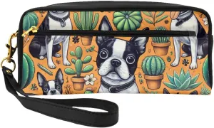 Womens Evening Clutch Boston Terrier Dogs Cactus Orange Envelope Purse,Party Handbag,Makeup,Cosmetic Bag