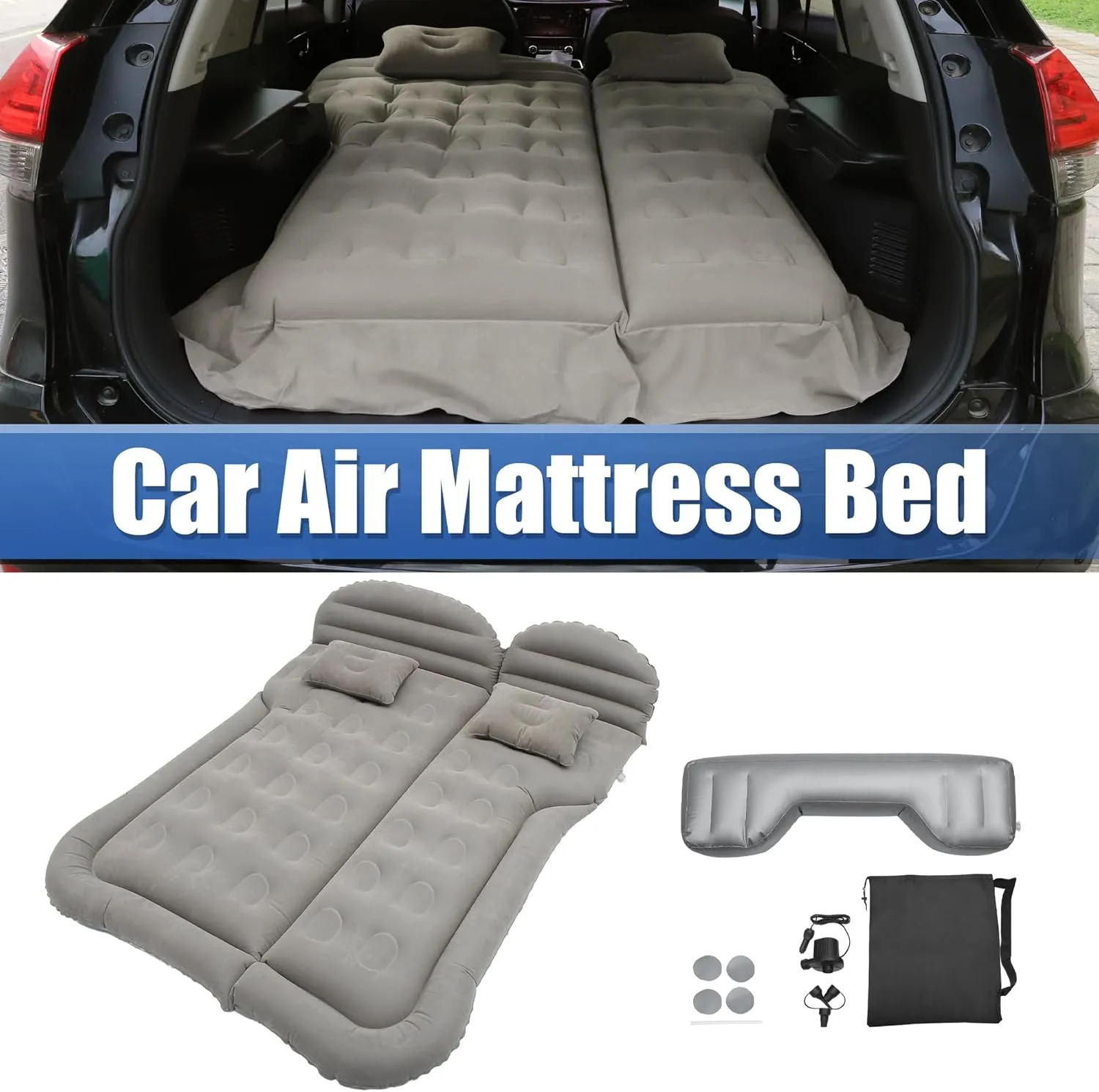 X AUTOHAUX Car SUV Air Mattress Camping Bed Cushion Pillow Flocking Mattress with Electric Air Pump Portable Sleeping Pad Universal Inflatable Thickened for Travel Camping Gray