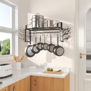 X-cosrack Hanging Pot Rack,Wall Mounted Pot and Pan Organizer with 12 S Hooks,Pot Hangers for Kitchen,Pots Pans Lids Organizer Cookware Hanging Shelves,Equipped with Anti-drop Enlarged Expansion Plugs