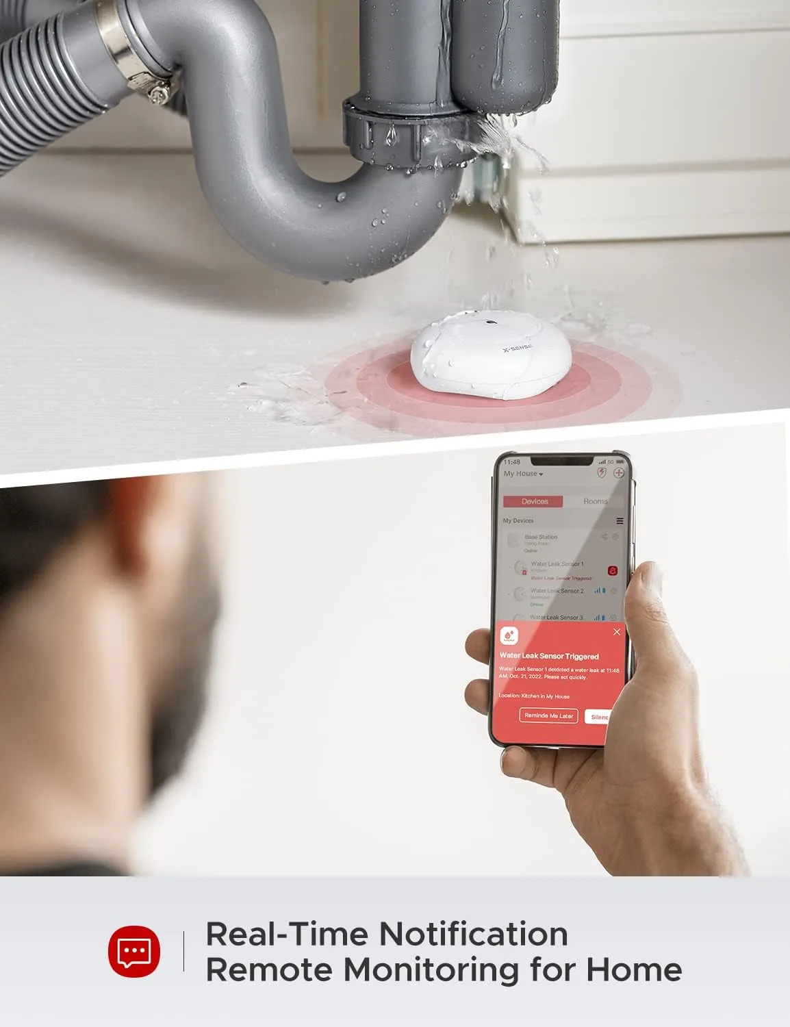 X-Sense Smart Water Leak Detector, Wi-Fi Water Sensor, an Accessory for SWS54 Water Sensor Kit, Single Pack, Model SWS51, 3-Pack