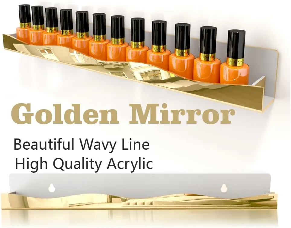 YMVV Wall-Mounted Nail Polish Organizer Rack - 15-Inch Gold Mirror Finish Nail Polish Shelf, Makeup & Beauty Essentials Storage - Multi-Purpose Display Holder for Small Space, Vanity Bathroom, 6 Pack