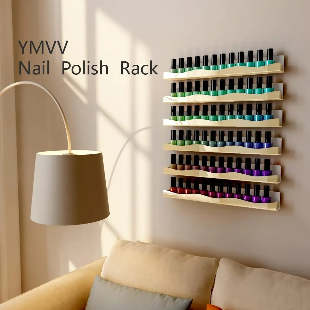 YMVV Wall-Mounted Nail Polish Organizer Rack - 15-Inch Gold Mirror Finish Nail Polish Shelf, Makeup & Beauty Essentials Storage - Multi-Purpose Display Holder for Small Space, Vanity Bathroom, 6 Pack