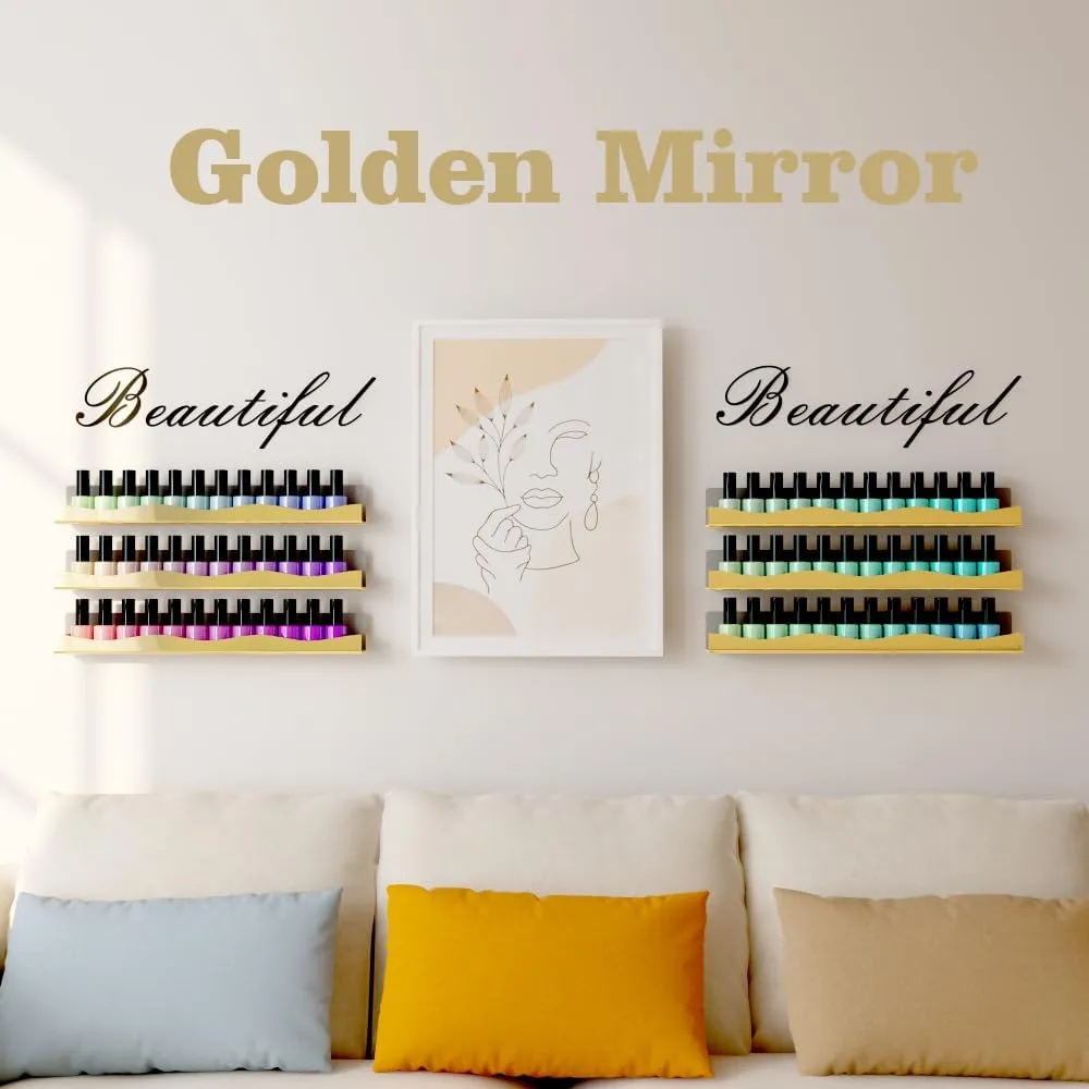 YMVV Wall-Mounted Nail Polish Organizer Rack - 15-Inch Gold Mirror Finish Nail Polish Shelf, Makeup & Beauty Essentials Storage - Multi-Purpose Display Holder for Small Space, Vanity Bathroom, 6 Pack