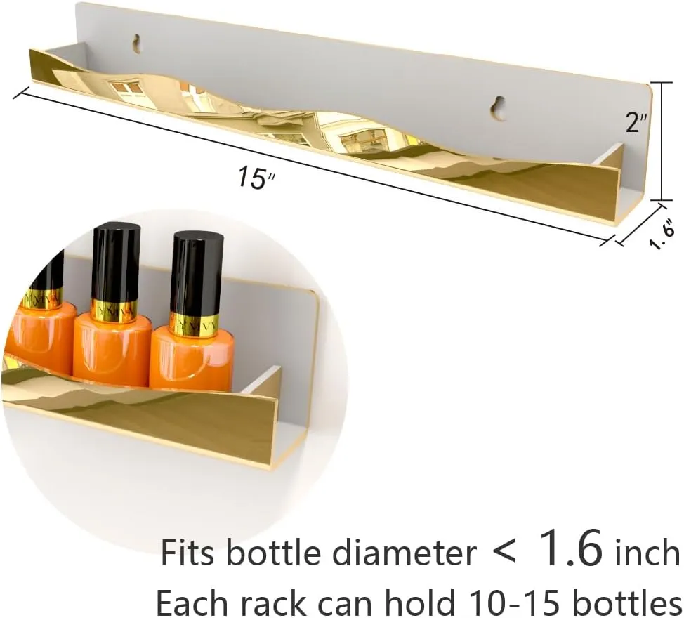 YMVV Wall-Mounted Nail Polish Organizer Rack - 15-Inch Gold Mirror Finish Nail Polish Shelf, Makeup & Beauty Essentials Storage - Multi-Purpose Display Holder for Small Space, Vanity Bathroom, 6 Pack
