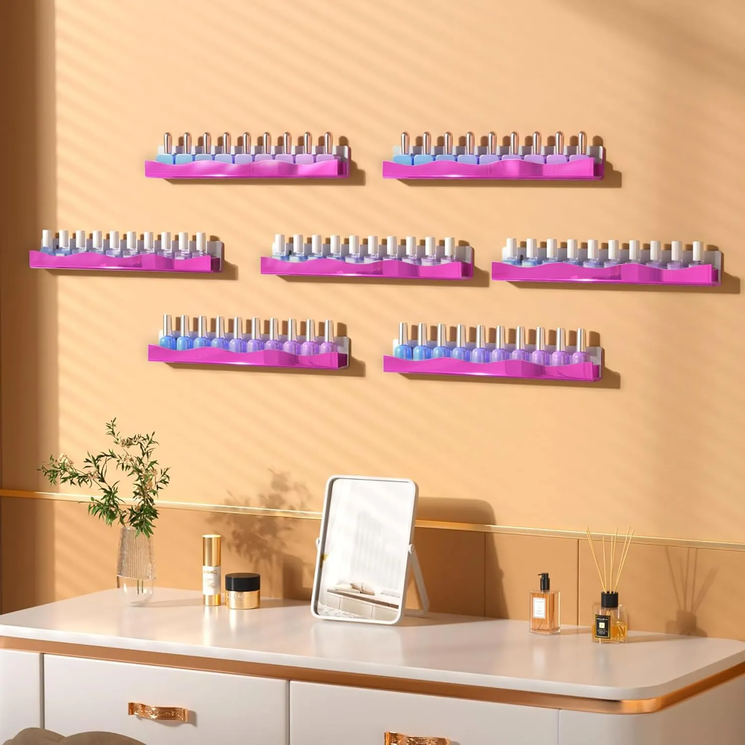 YMVV Wall-Mounted Nail Polish Organizer Rack - 15 Inch Pink Mirror Finish Nail Polish Shelf, Makeup & Beauty Essentials Storage - Multi-Purpose Display Holder for Small Space, Vanity Bathroom, 6 Pack
