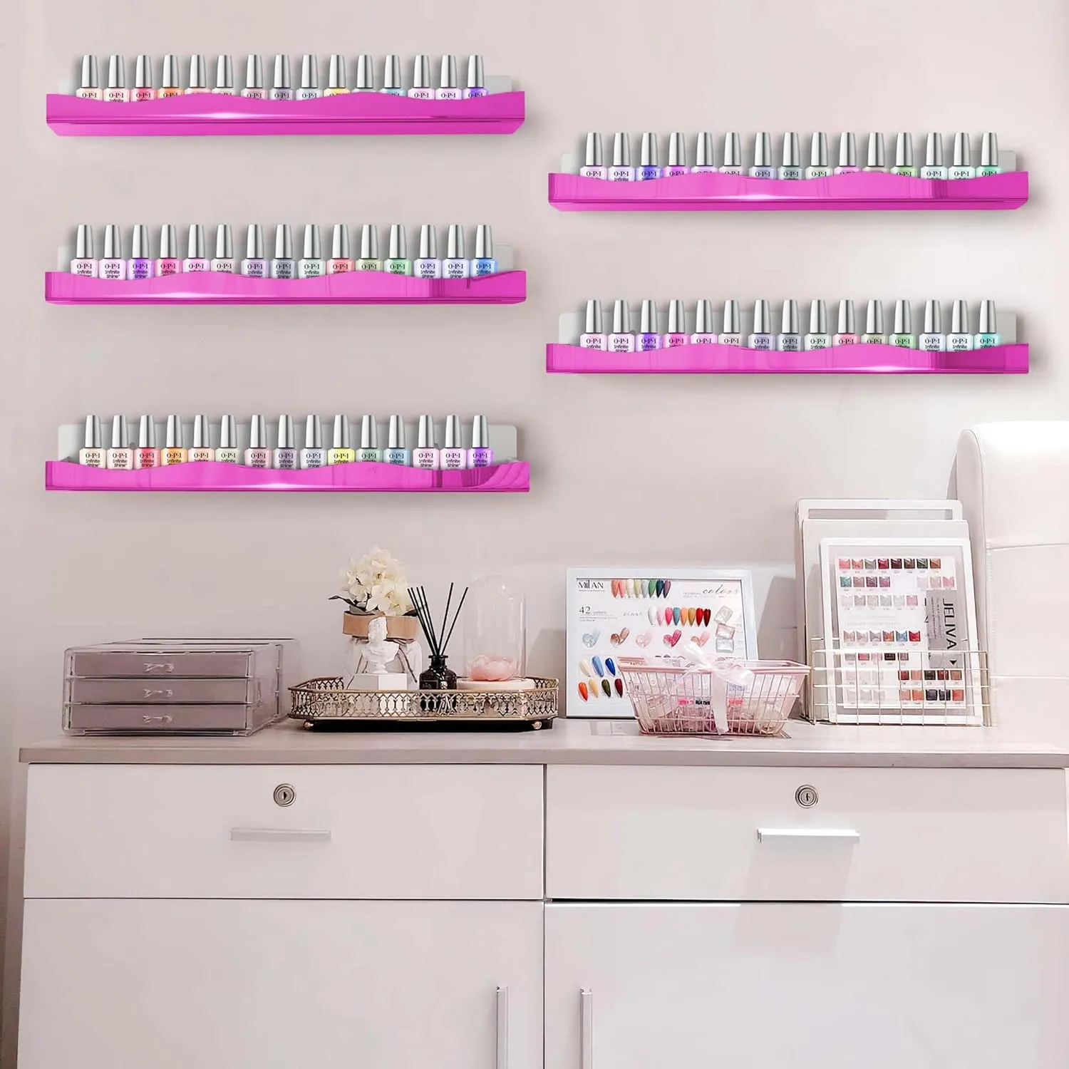 YMVV Wall-Mounted Nail Polish Organizer Rack - 15 Inch Pink Mirror Finish Nail Polish Shelf, Makeup & Beauty Essentials Storage - Multi-Purpose Display Holder for Small Space, Vanity Bathroom, 6 Pack