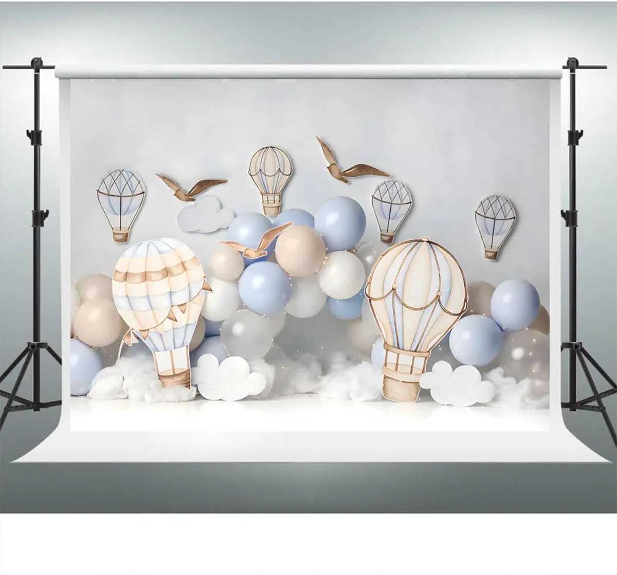 YongFoto Hot Air Balloon Backdrop 8x6ft Seagulls Clouds Sky Travel Adventure Flying Tour Photography Background Landing Soon Baby Shower First Trip 1st Birthday Party Banner Portraits Photoshoot