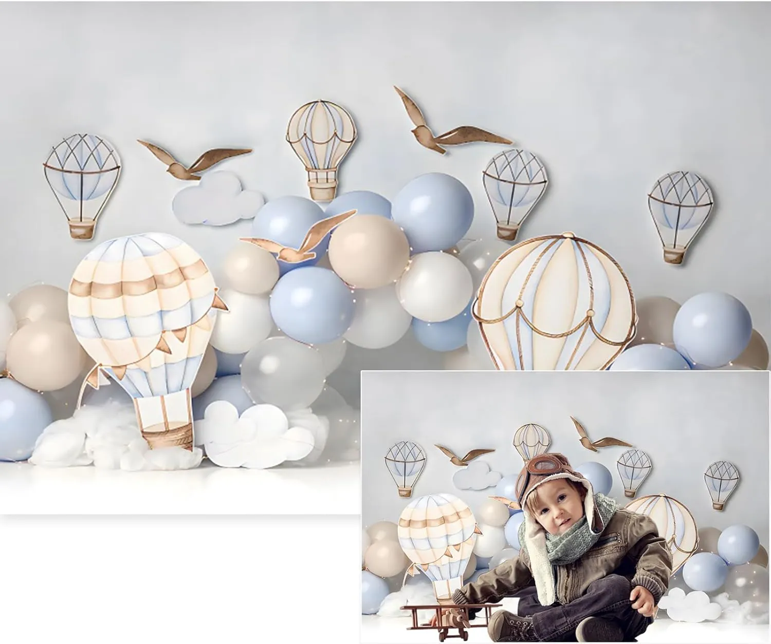 YongFoto Hot Air Balloon Backdrop 8x6ft Seagulls Clouds Sky Travel Adventure Flying Tour Photography Background Landing Soon Baby Shower First Trip 1st Birthday Party Banner Portraits Photoshoot