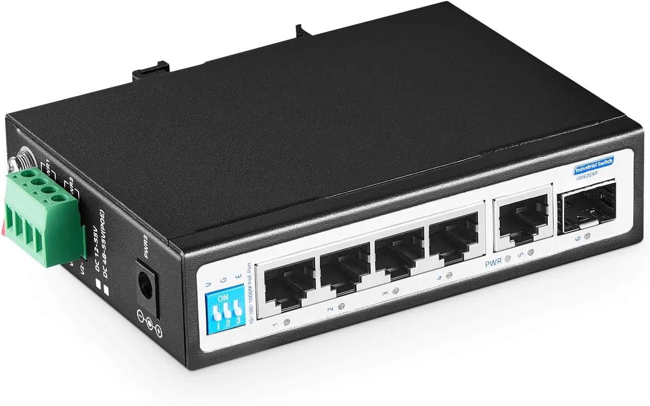 YuLinca 6 Port Mini Gigabit Industrial DIN-Rail PoE Switch, 4 x 100/1000Mbps PoE Ports,IEEE802.3af/at PoE , 1 Gigabit Uplink, 1 Gigabit SFP, Unmanaged IP30 (-40~185°F) Hardened Industrial Switch