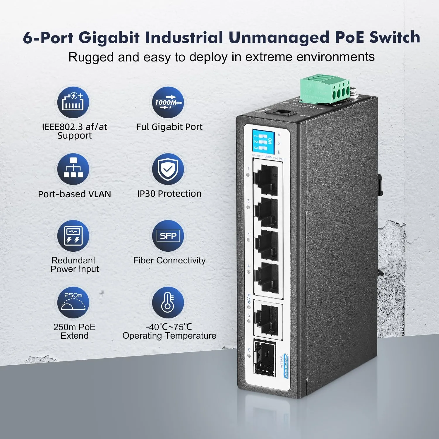YuLinca 6 Port Mini Gigabit Industrial DIN-Rail PoE Switch, 4 x 100/1000Mbps PoE Ports,IEEE802.3af/at PoE , 1 Gigabit Uplink, 1 Gigabit SFP, Unmanaged IP30 (-40~185°F) Hardened Industrial Switch