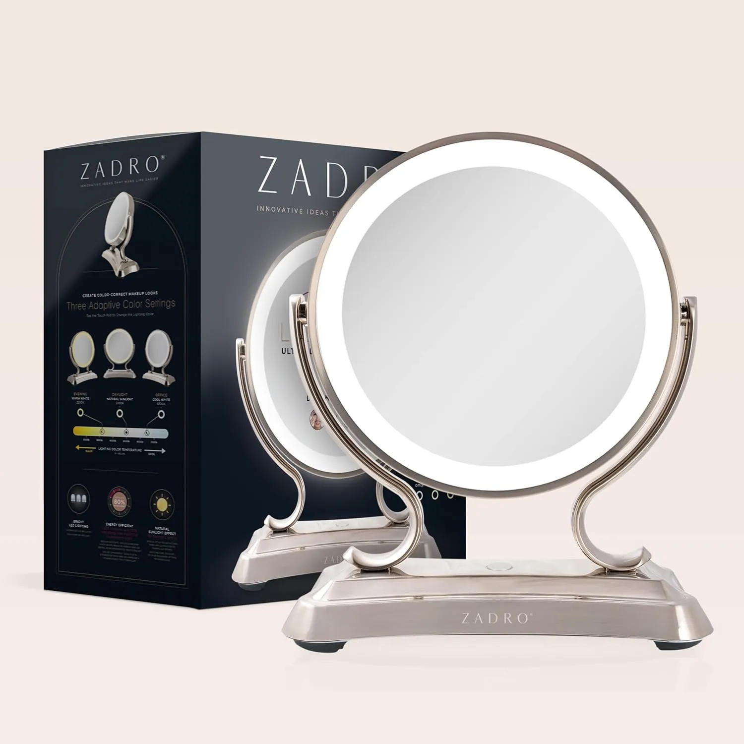 Zadro 12" Glamour LED Makeup Mirror with Lights and Magnification 5X/1X Touch Control Mirror with Lights for Makeup Desk (X-Large | 12" W x 16" H | Polished Nickel)