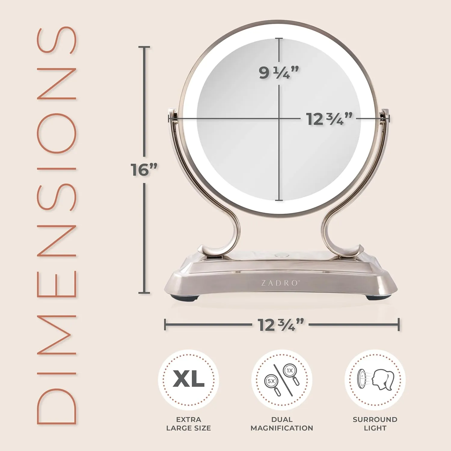 Zadro 12" Glamour LED Makeup Mirror with Lights and Magnification 5X/1X Touch Control Mirror with Lights for Makeup Desk (X-Large | 12" W x 16" H | Polished Nickel)