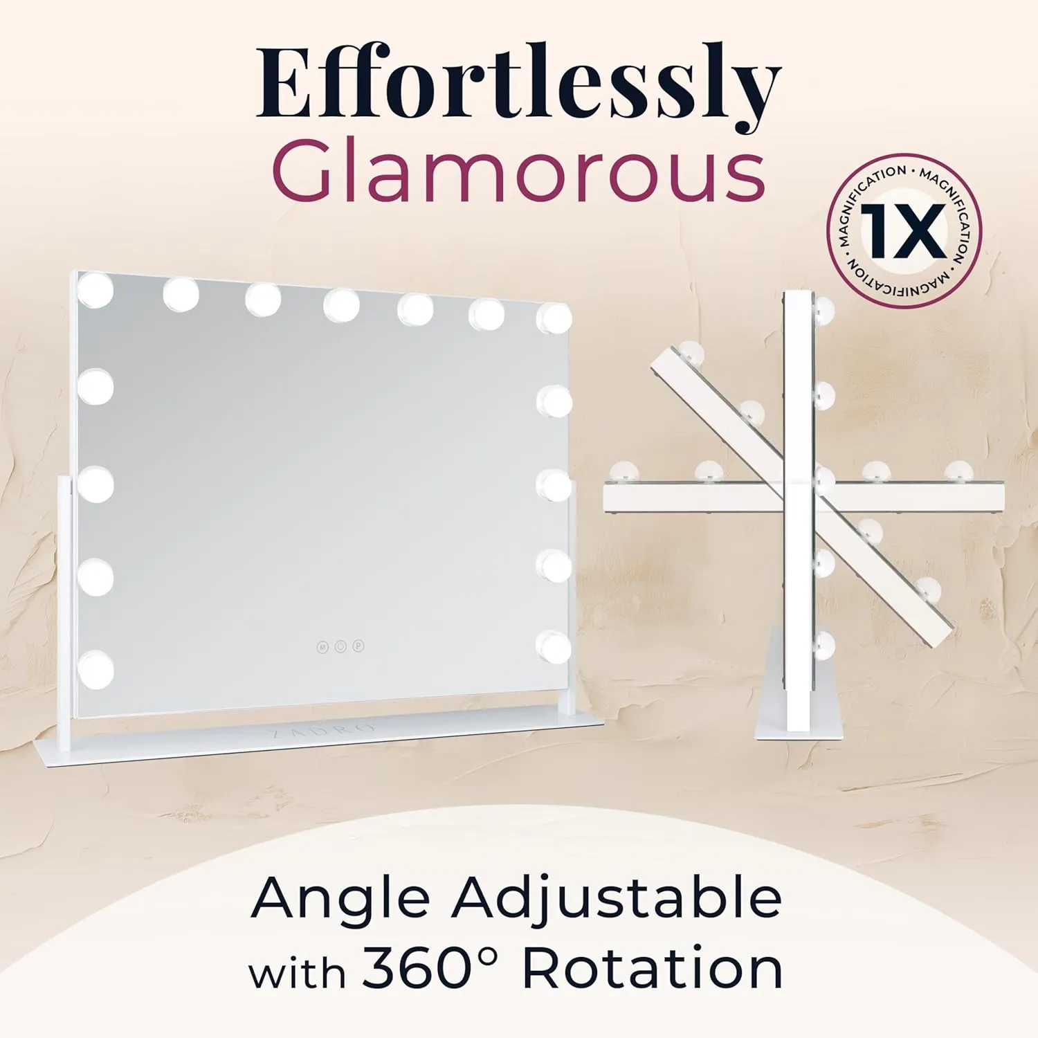 Zadro Hollywood Lighted Vanity Mirror with 15 LED Bulbs, 3 Color Light Settings, 360° Rotation Makeup Mirror Head (26" H x 20" W | 1X | Neutral)