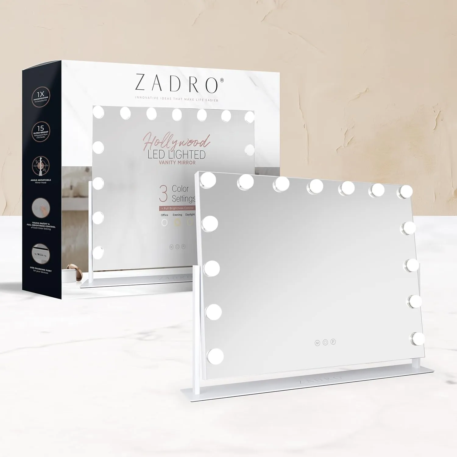 Zadro Hollywood Lighted Vanity Mirror with 15 LED Bulbs, 3 Color Light Settings, 360° Rotation Makeup Mirror Head (26" H x 20" W | 1X | Neutral)