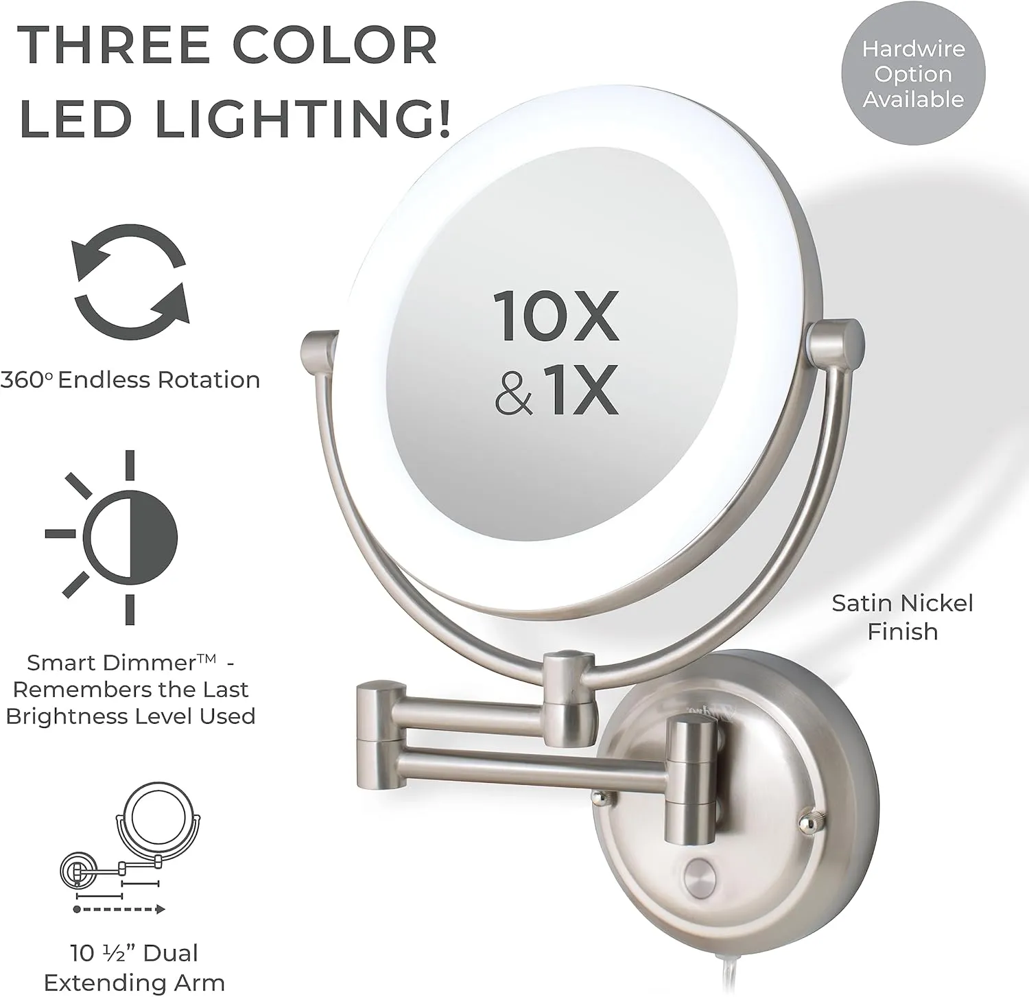 Zadro Lexington LED Lighted Wall Mounted Makeup Mirror with Magnification Two-Sided Swivel Extendable Bathroom Mirror (10X/1X, 10" Head, 7.5" Mirror, Plug-in, Satin Nickel)