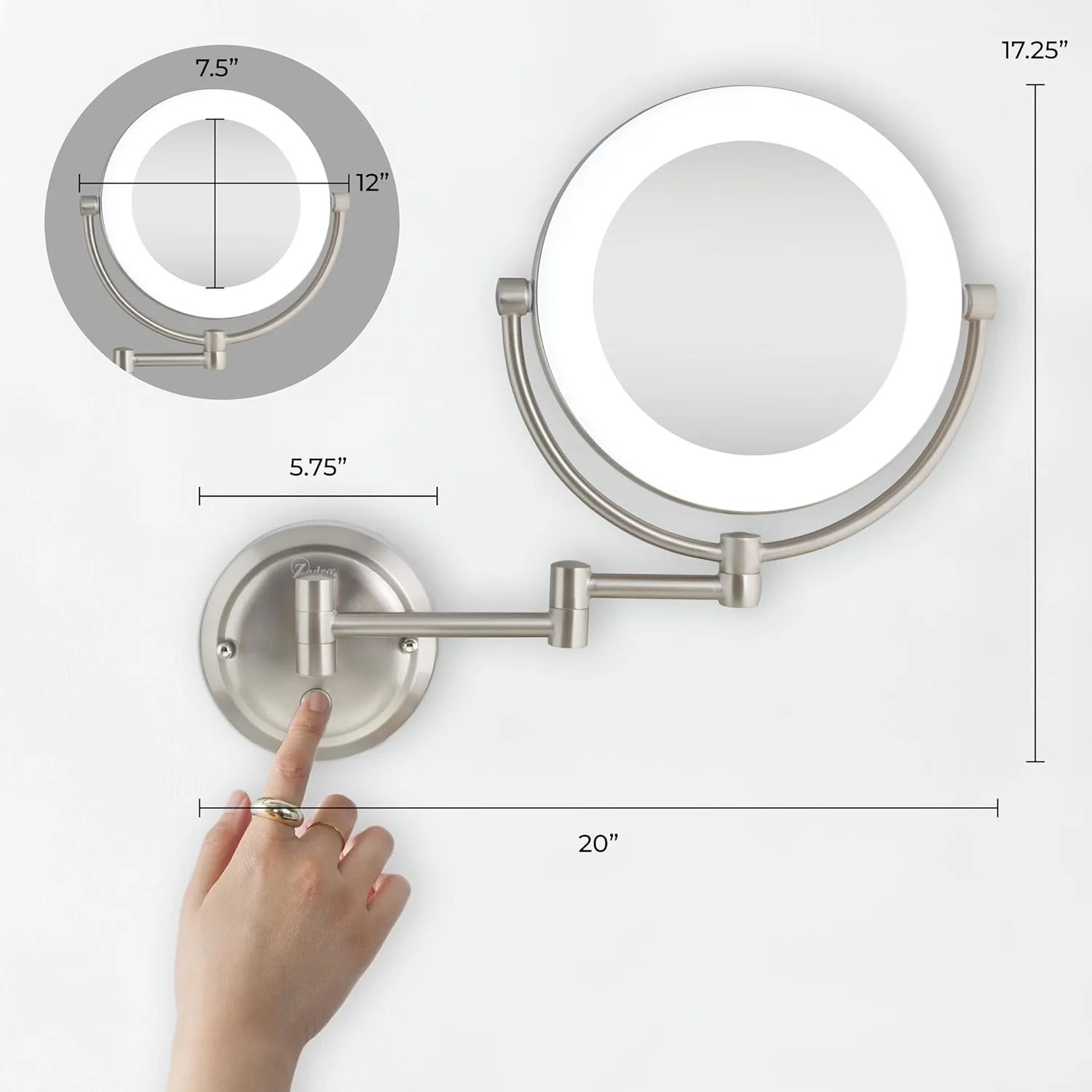 Zadro Lexington LED Lighted Wall Mounted Makeup Mirror with Magnification Two-Sided Swivel Extendable Bathroom Mirror (10X/1X, 10" Head, 7.5" Mirror, Plug-in, Satin Nickel)