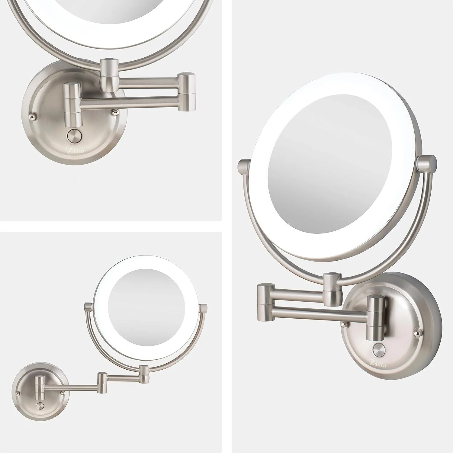 Zadro Lexington LED Lighted Wall Mounted Makeup Mirror with Magnification Two-Sided Swivel Extendable Bathroom Mirror (10X/1X, 10" Head, 7.5" Mirror, Plug-in, Satin Nickel)