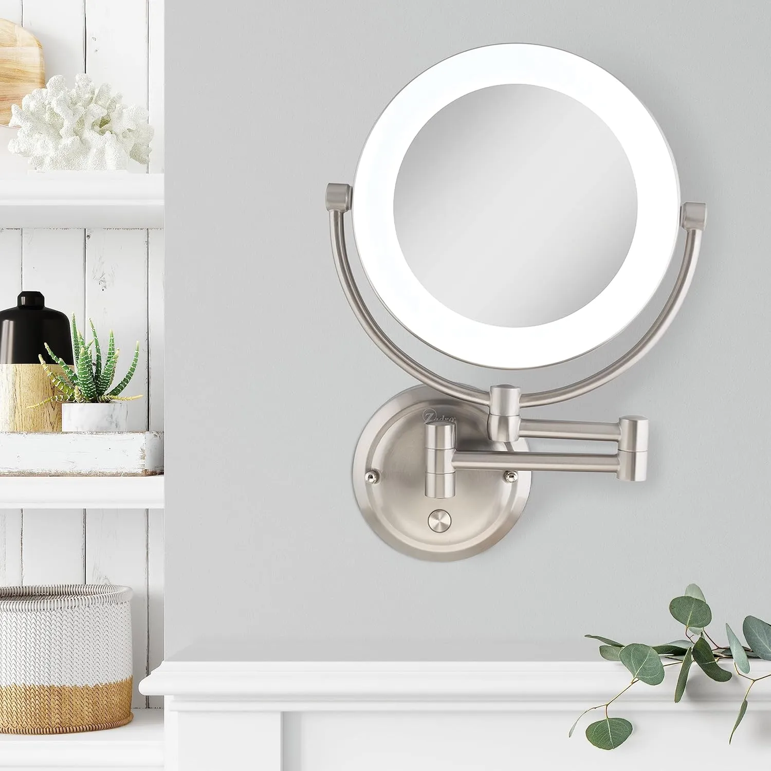 Zadro Lexington LED Lighted Wall Mounted Makeup Mirror with Magnification Two-Sided Swivel Extendable Bathroom Mirror (10X/1X, 10" Head, 7.5" Mirror, Plug-in, Satin Nickel)