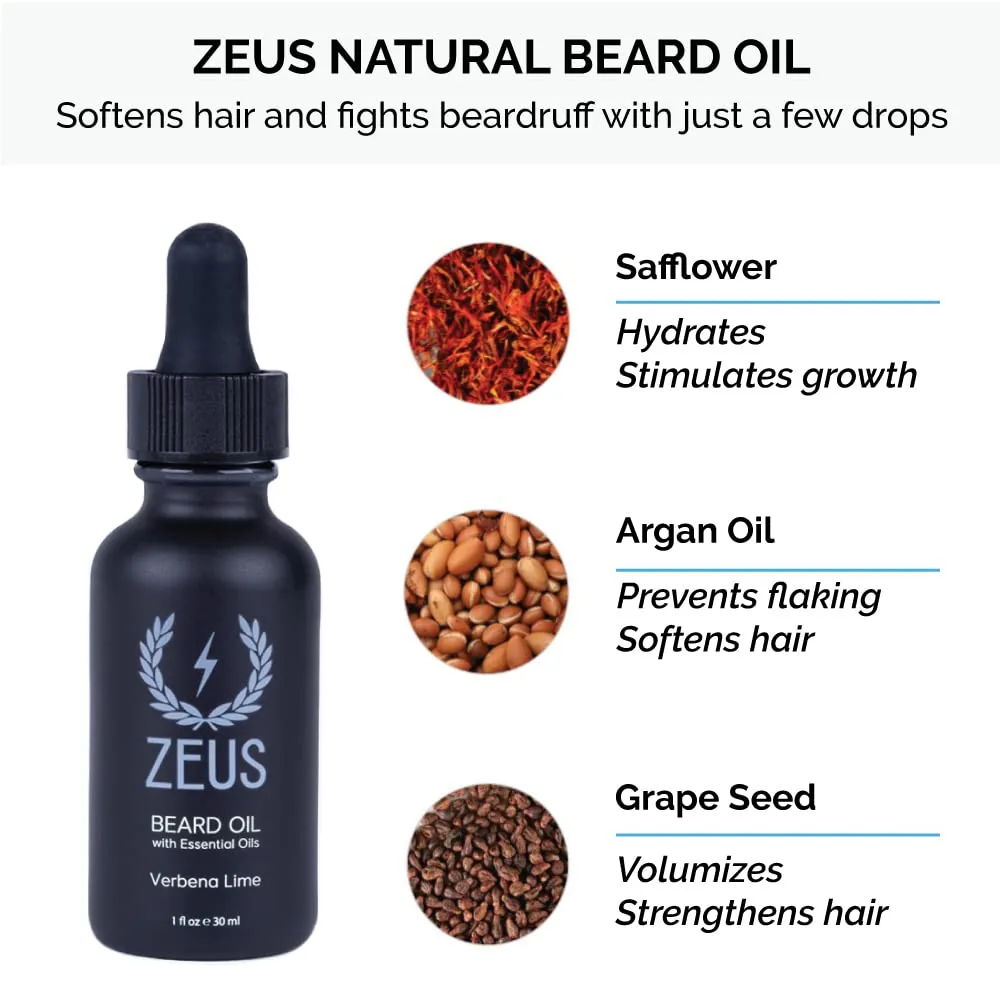 ZEUS Deluxe Beard Wash & Grooming Kit with Travel Toiletry Dopp Bag, Natural Beard Oil, Wash Combo, Brush & Travel Toiletry Bag (Verbena Lime)