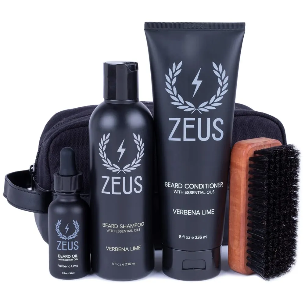 ZEUS Deluxe Beard Wash & Grooming Kit with Travel Toiletry Dopp Bag, Natural Beard Oil, Wash Combo, Brush & Travel Toiletry Bag (Verbena Lime)