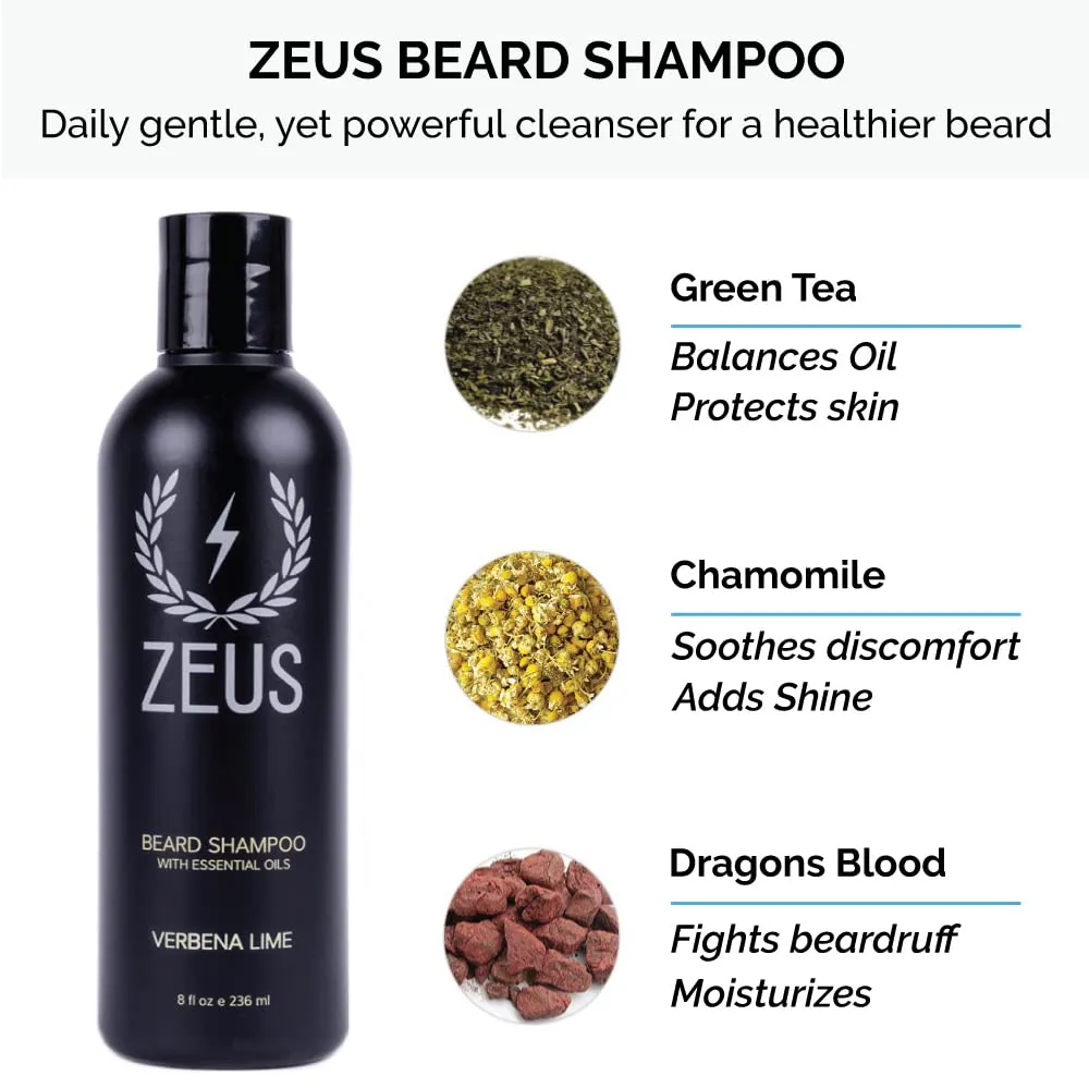 ZEUS Deluxe Beard Wash & Grooming Kit with Travel Toiletry Dopp Bag, Natural Beard Oil, Wash Combo, Brush & Travel Toiletry Bag (Verbena Lime)