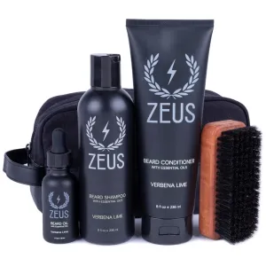 ZEUS Deluxe Beard Wash & Grooming Kit with Travel Toiletry Dopp Bag, Natural Beard Oil, Wash Combo, Brush & Travel Toiletry Bag (Verbena Lime)