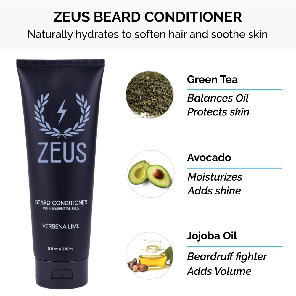 ZEUS Deluxe Beard Wash & Grooming Kit with Travel Toiletry Dopp Bag, Natural Beard Oil, Wash Combo, Brush & Travel Toiletry Bag (Verbena Lime)